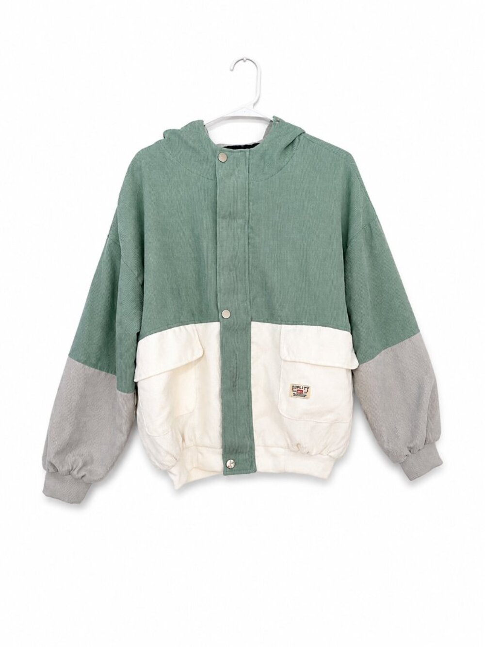 ZAFUL Colorblock Corduroy Hooded Jacket Sage Green White Gray Size Large